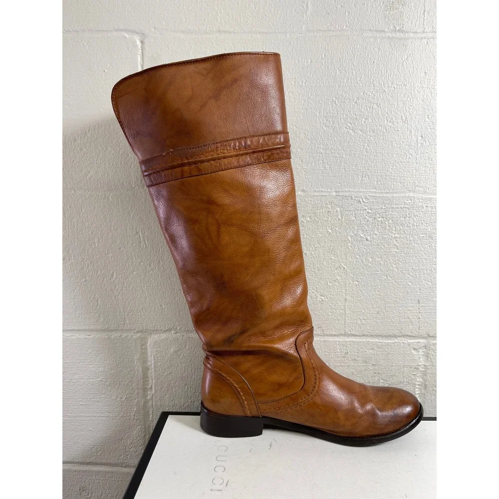 Frye‎ Melissa 76442 Trapunto Brown Leather Tall Riding Boots Pull On Women 7.5 B